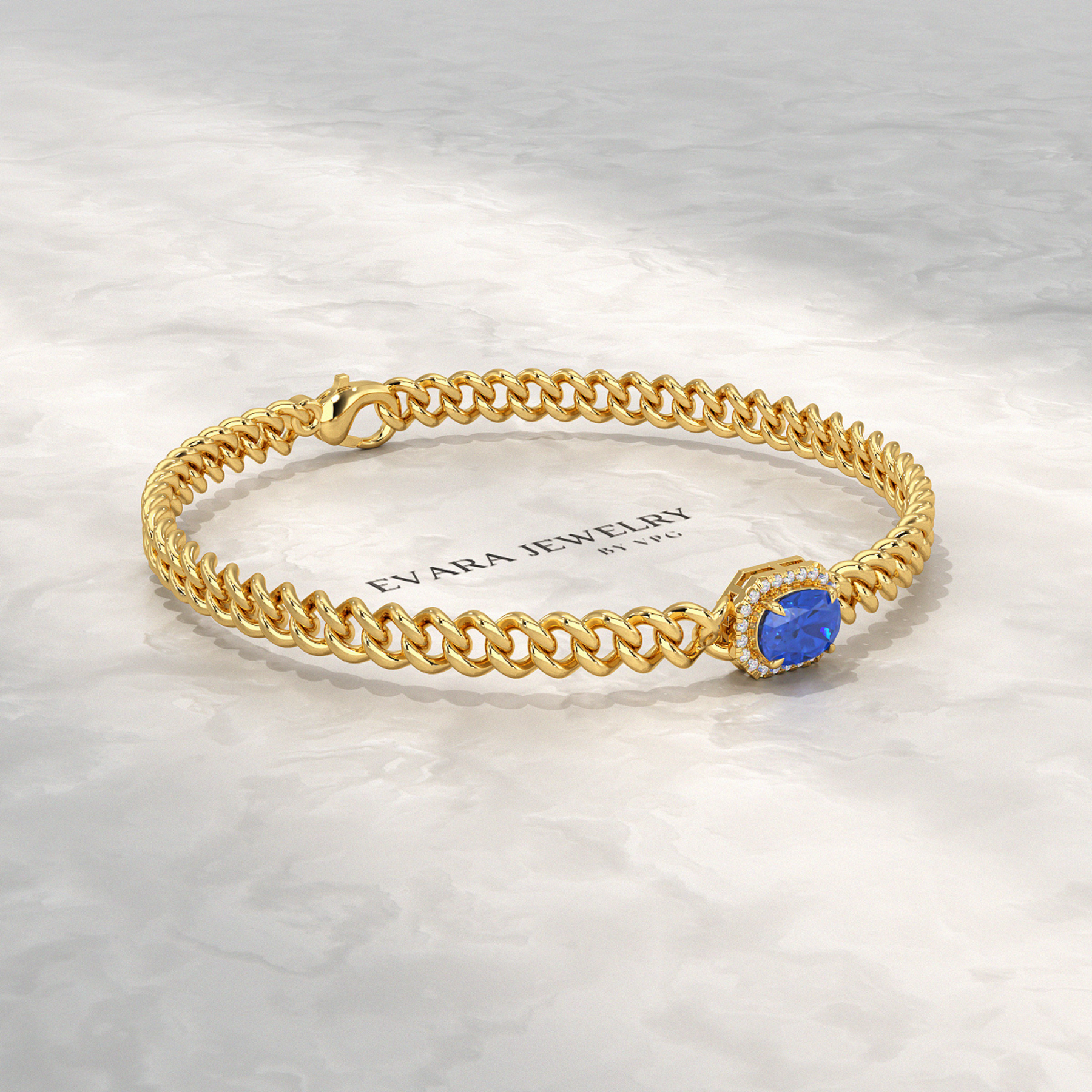 10K Solid Gold Cuban Chain Link Bracelet with Natural Blue Sapphire & Lab Grown Diamonds