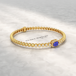 Diamond Tennis Bracelet with Emerald Cut Tanzanite in 14K Solid Gold