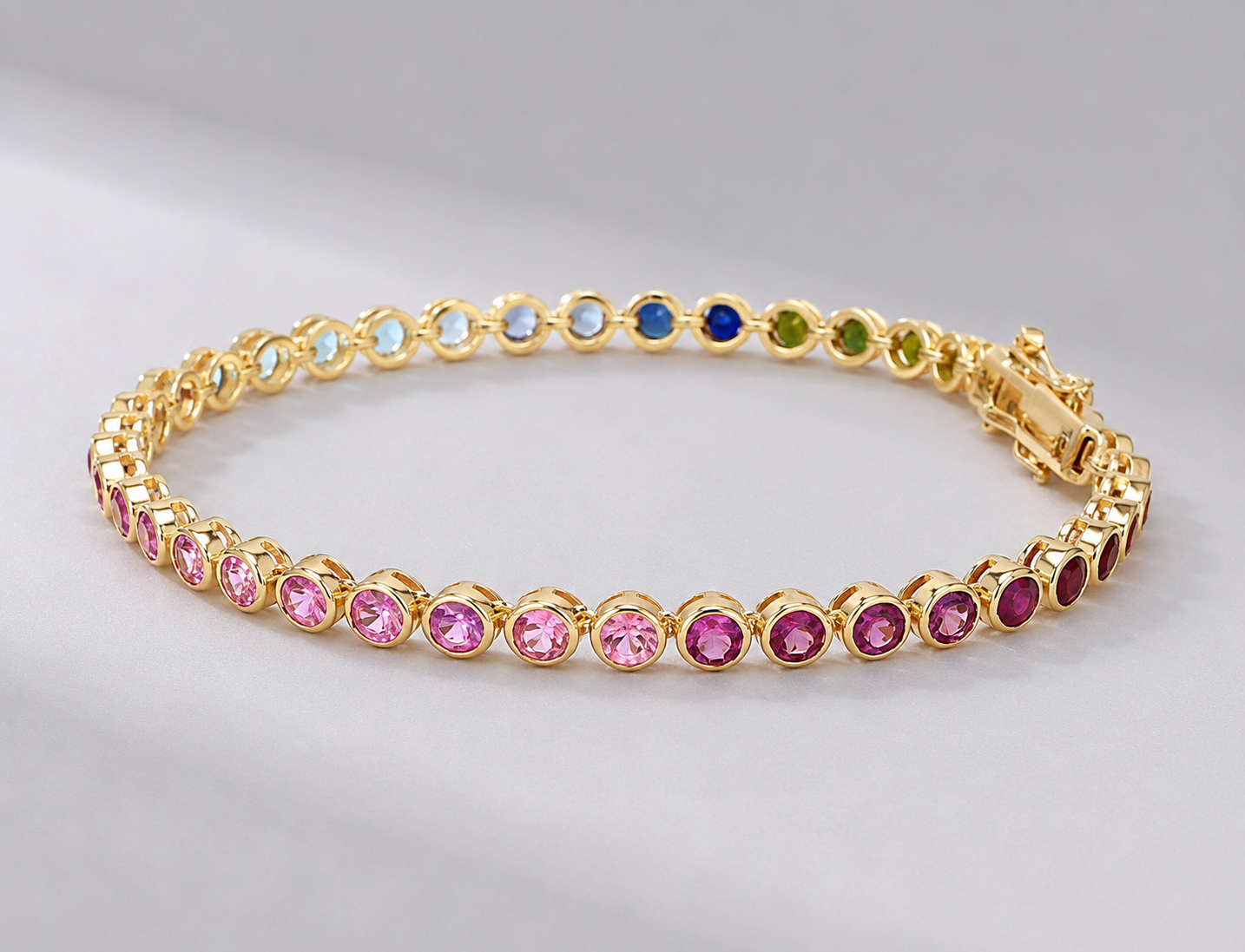 4 Carat Natural Rainbow Sapphire Bezel-Set Tennis Bracelet in 14K Gold
