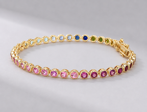 4 Carat Natural Rainbow Sapphire Bezel-Set Tennis Bracelet in 14K Gold