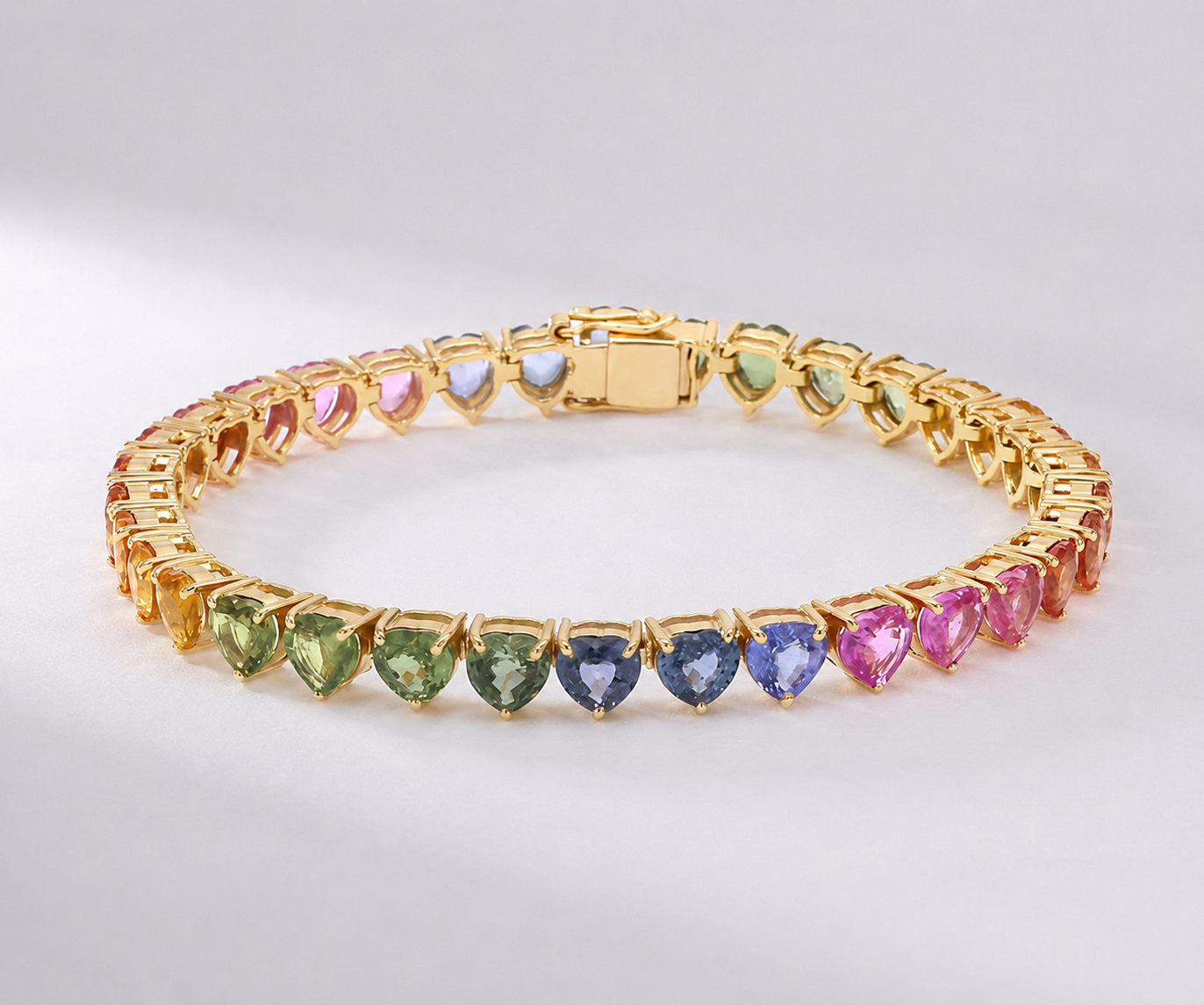 Natural Rainbow Sapphire Heart-Cut Tennis Bracelet in 14K Yellow Gold