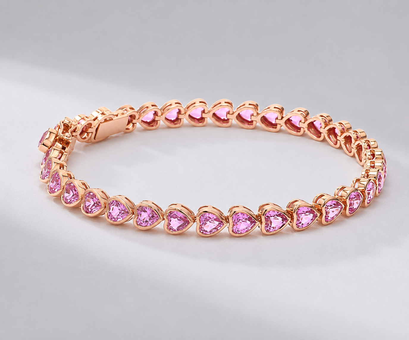 11 Carat Heart-Cut Natural Pink Sapphire Bezel Bracelet in 14K Gold