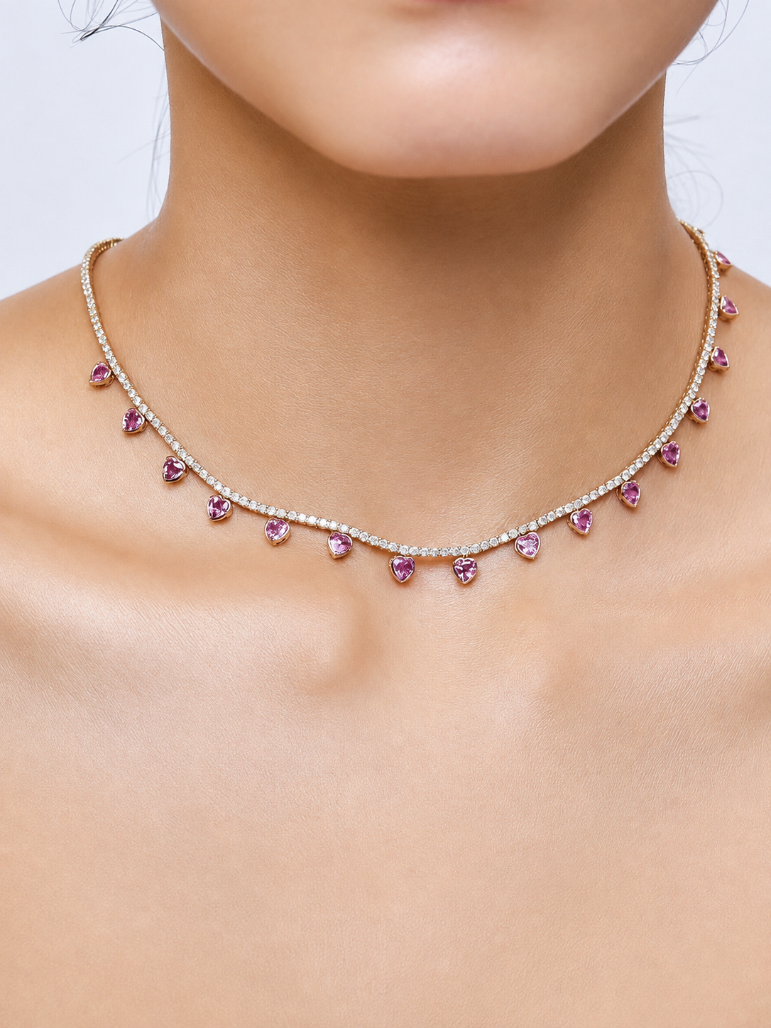 Natural Pink Sapphire Heart Charm and Lab-Grown Diamond Tennis Necklace in Rose Gold