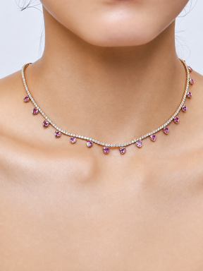 Natural Pink Sapphire Heart Charm and Lab-Grown Diamond Tennis Necklace in Rose Gold