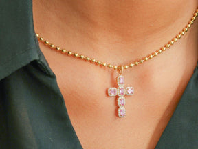 Natural Emerald-Cut Pink Sapphire and Diamond Halo Cross Pendant in 14K Gold
