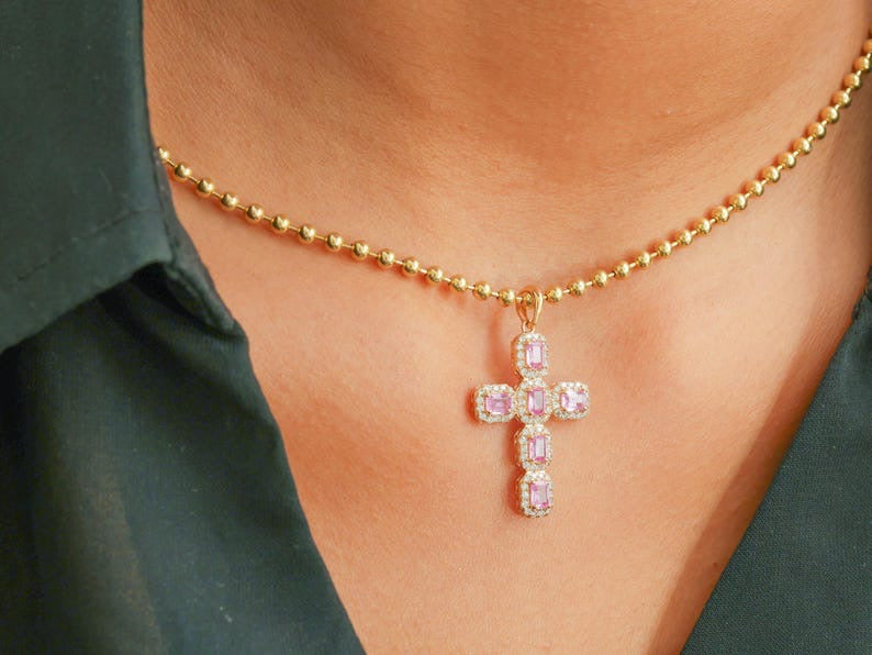 Natural Emerald-Cut Pink Sapphire and Diamond Halo Cross Pendant in 14K Gold