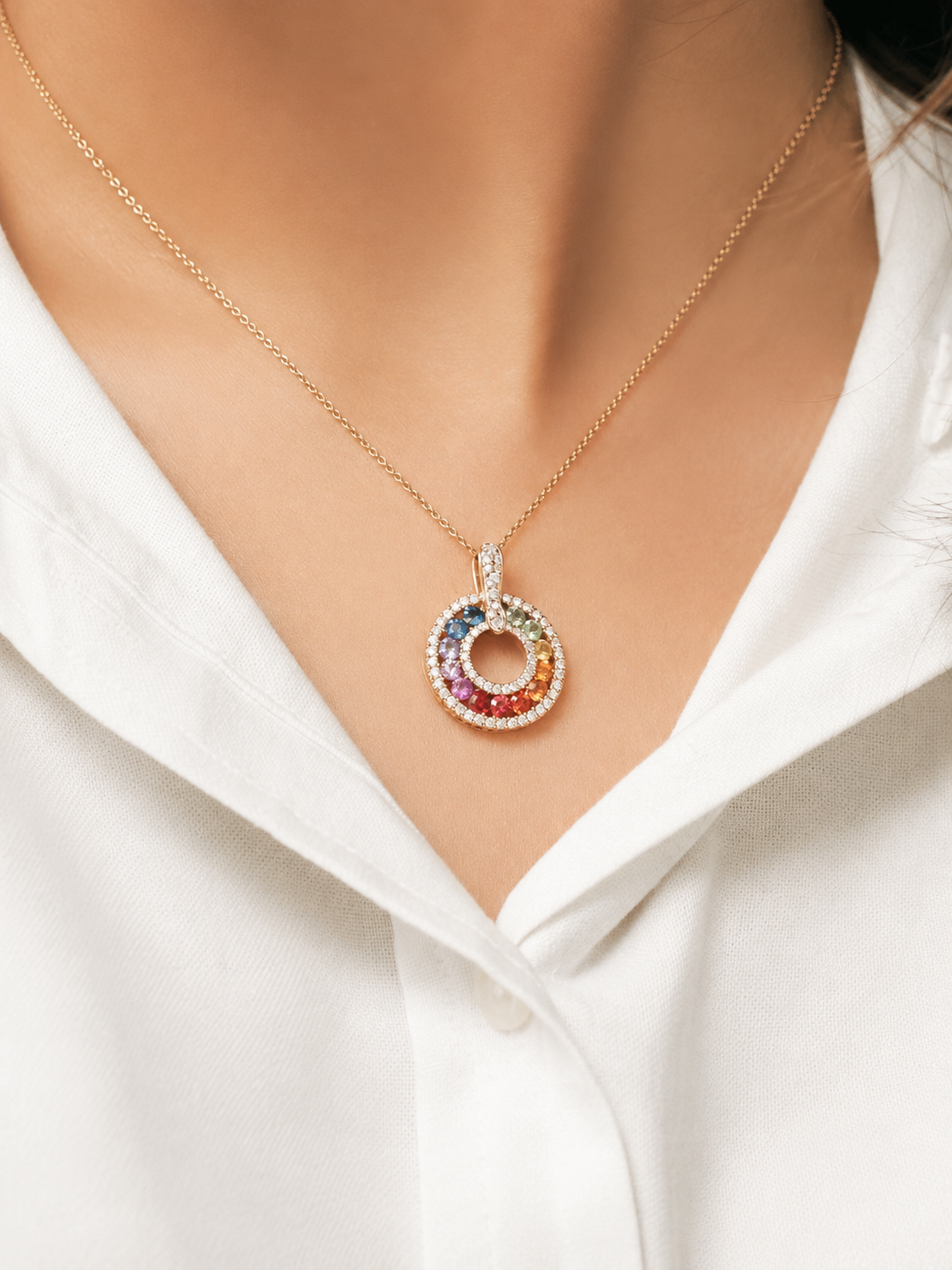 Natural Rainbow Sapphire and Lab-Grown Diamond Circle Pendant Necklace in 14K Gold