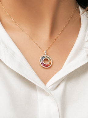 Natural Rainbow Sapphire and Lab-Grown Diamond Circle Pendant Necklace in 14K Gold