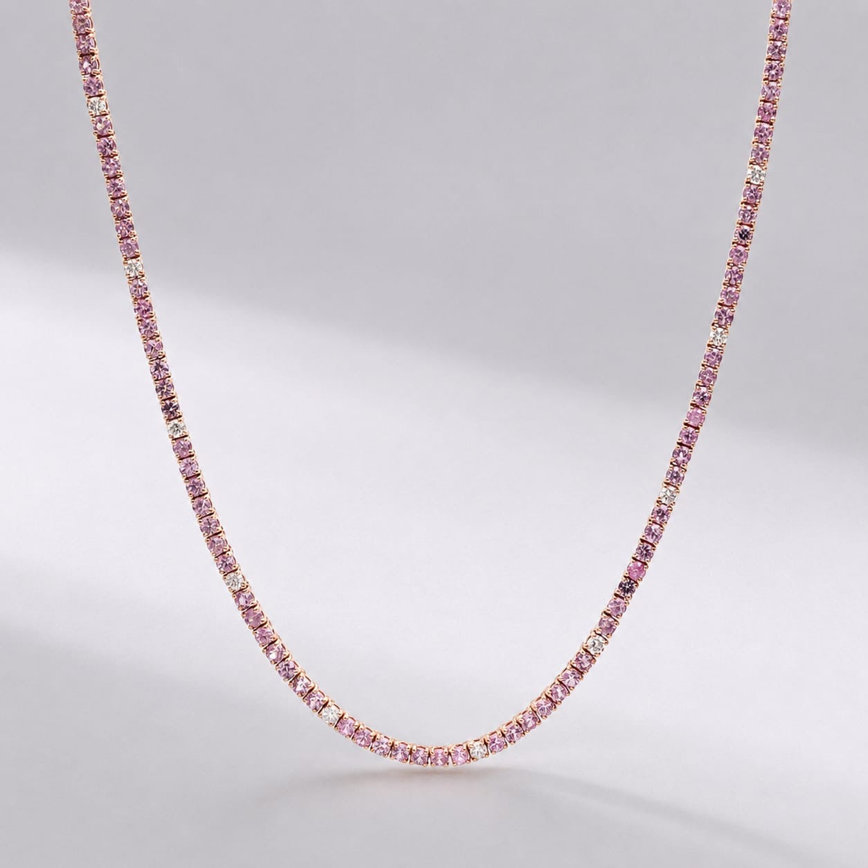 9 Carat Natural Pink Sapphire and Diamond Tennis Choker Necklace in 14K Solid Gold