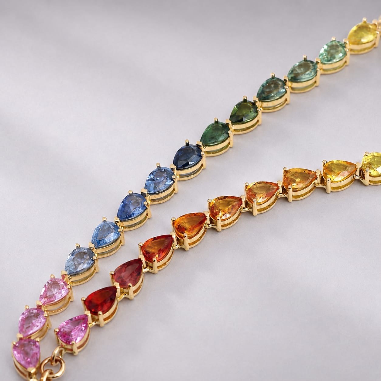 44 Carat Natural Pear-Cut Rainbow Sapphire Prong-Set Tennis Necklace