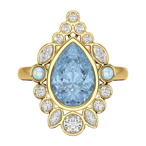 3 Carat Pear Cut Ice Blue Diamond Art Deco Ring with Opal
