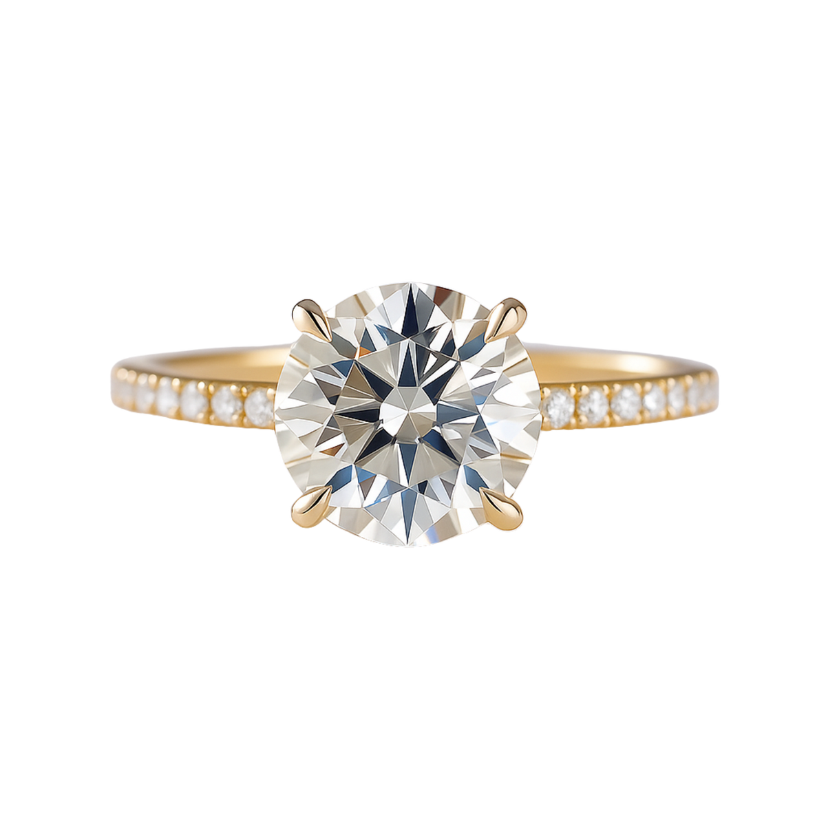 Round brilliant cut solitaire diamond engagement ring with pavé band in yellow gold, classic prong setting, wedding proposal jewelry