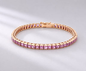 7 Carat Natural Pink Sapphire Princess-Cut Half-Bezel Tennis Bracelet in 18K Gold