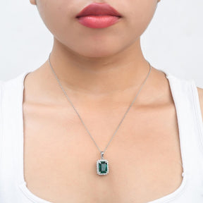 5 Carat Natural Emerald-Cut Emerald and Diamond Halo Pendant Necklace in 14K Gold
