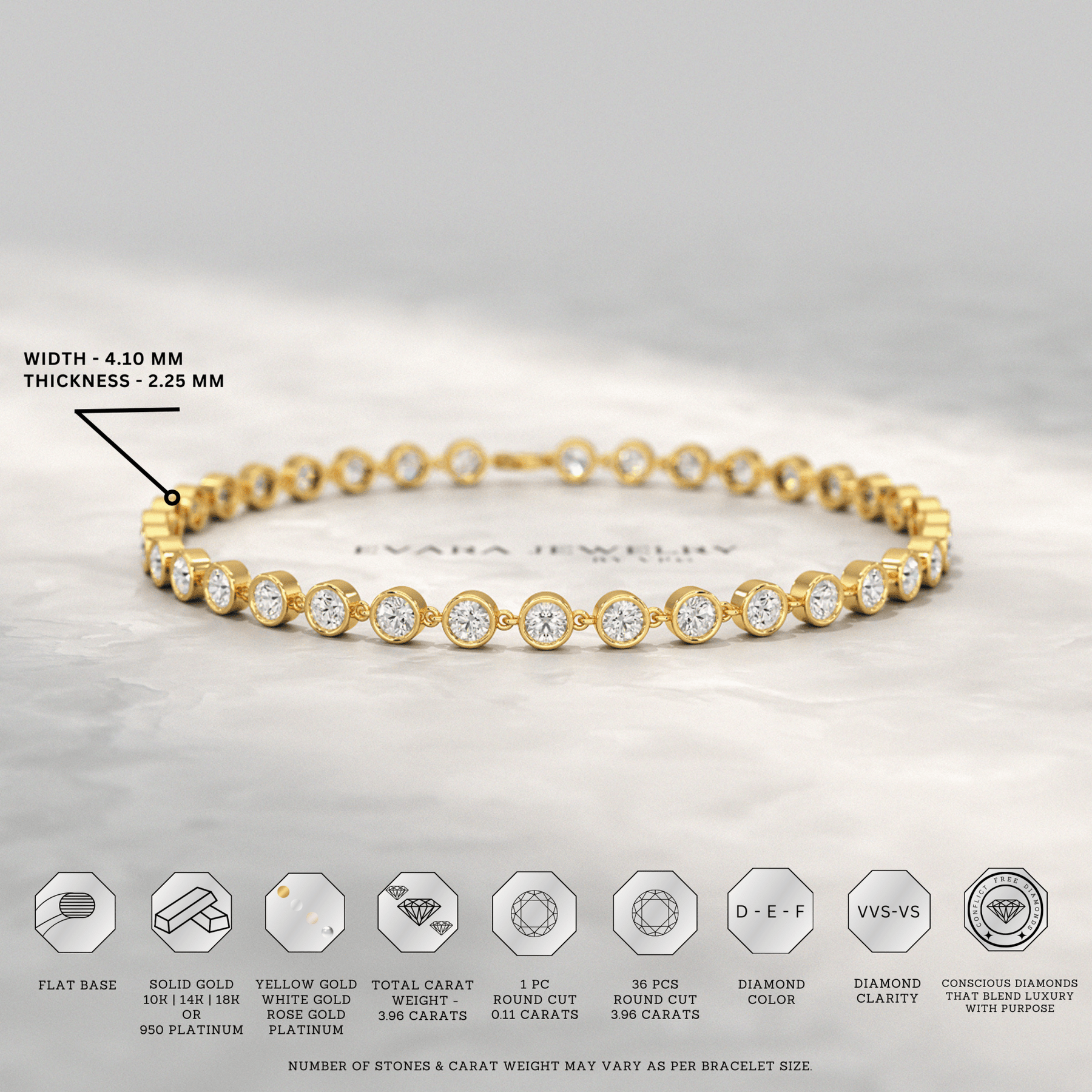 4 Carat Bezel Set Round Cut Diamond Gold Minimalist Tennis Bracelet - Evara Jewelry LLC