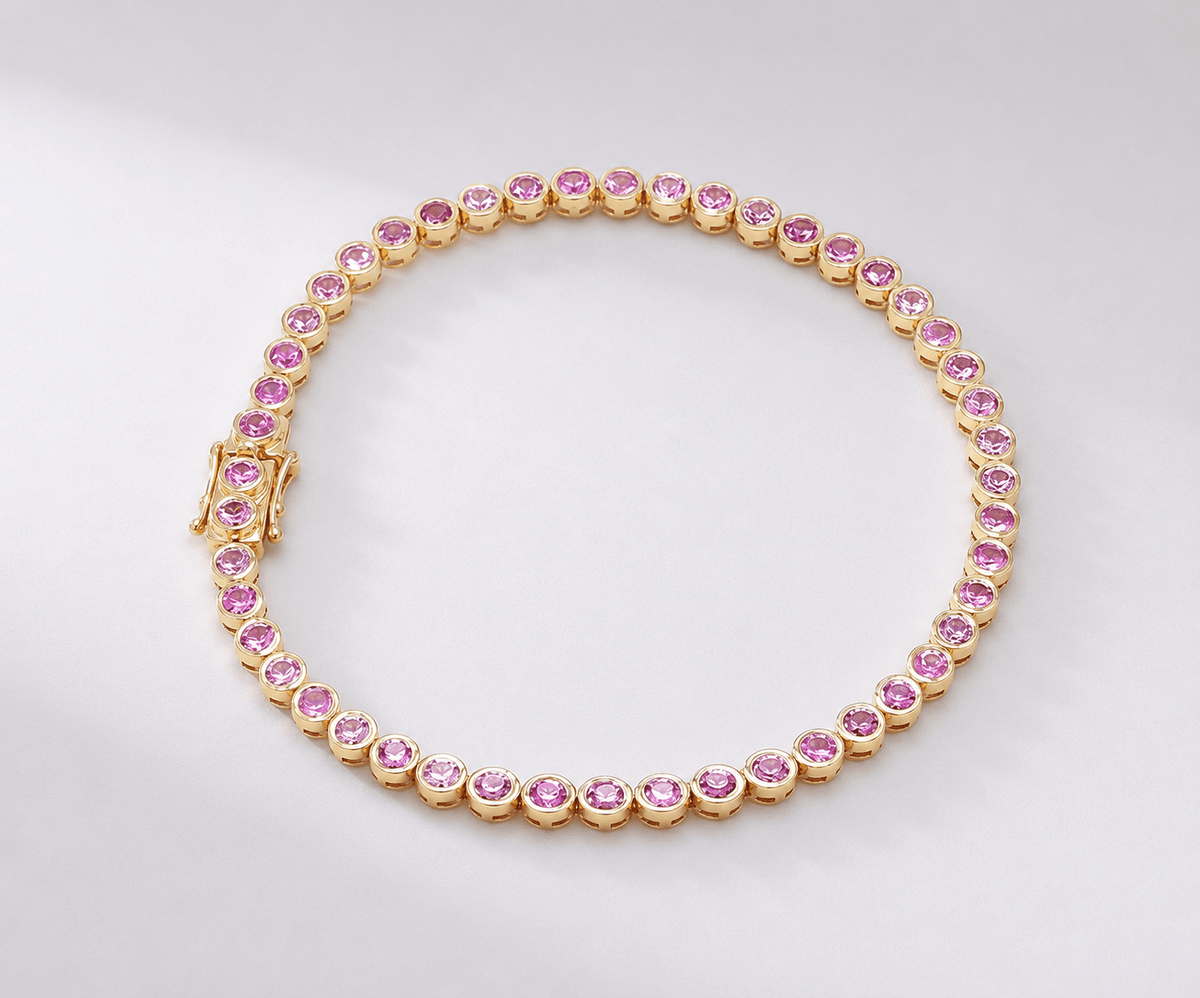 4 Carat Natural Pink Sapphire Bezel-Set Tennis Bracelet in 14K Gold - Evara Jewelry LLC