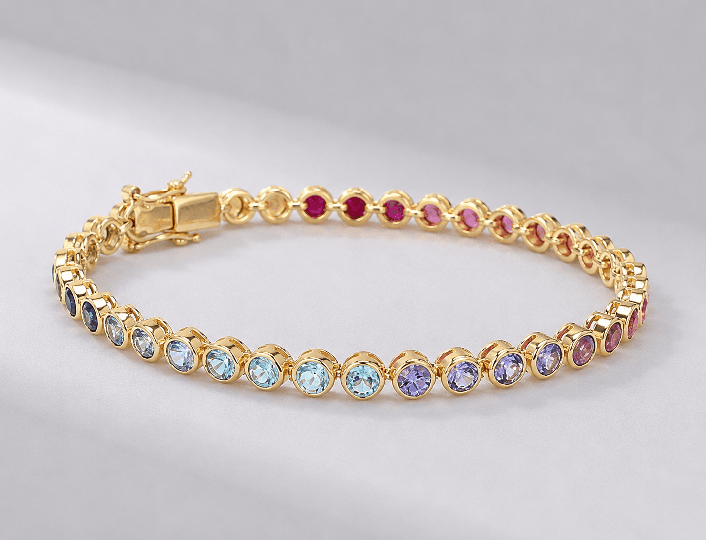 4 Carat Natural Rainbow Sapphire Bezel-Set Tennis Bracelet in 14K Gold - Evara Jewelry LLC