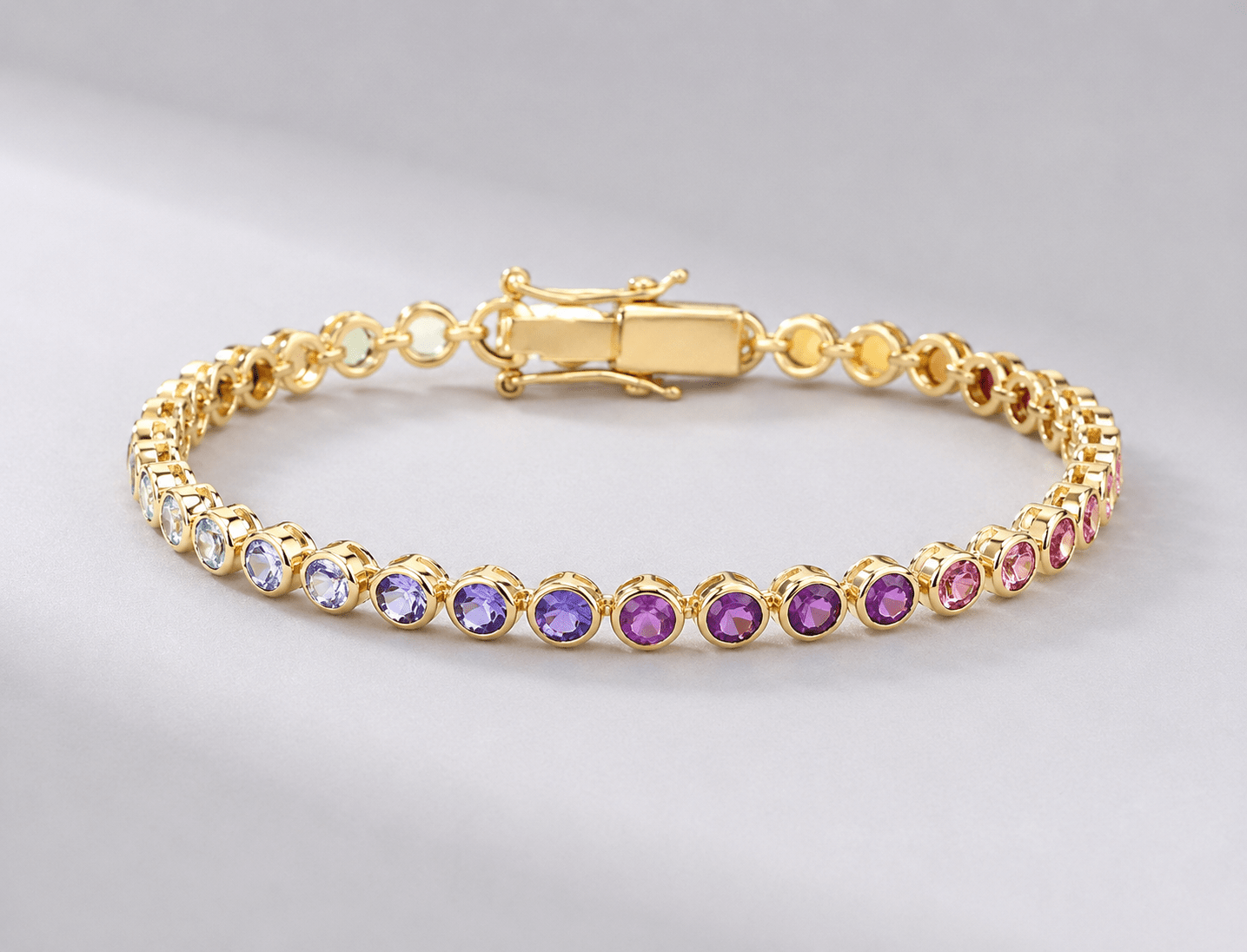 4 Carat Natural Rainbow Sapphire Bezel-Set Tennis Bracelet in 14K Gold - Evara Jewelry LLC