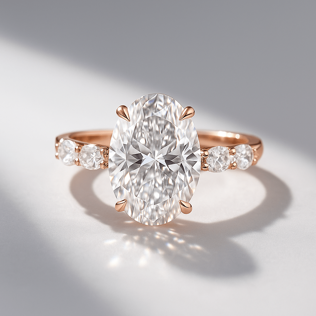 4 Carat Oval Cut Modern Deco Engagement Ring with Oval Cut Side Lab Grown Diamonds - Evara Jewelry LLC