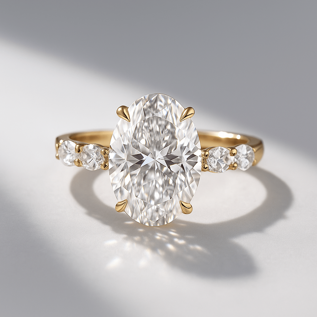 4 Carat Oval Cut Modern Deco Engagement Ring with Oval Cut Side Lab Grown Diamonds - Evara Jewelry LLC