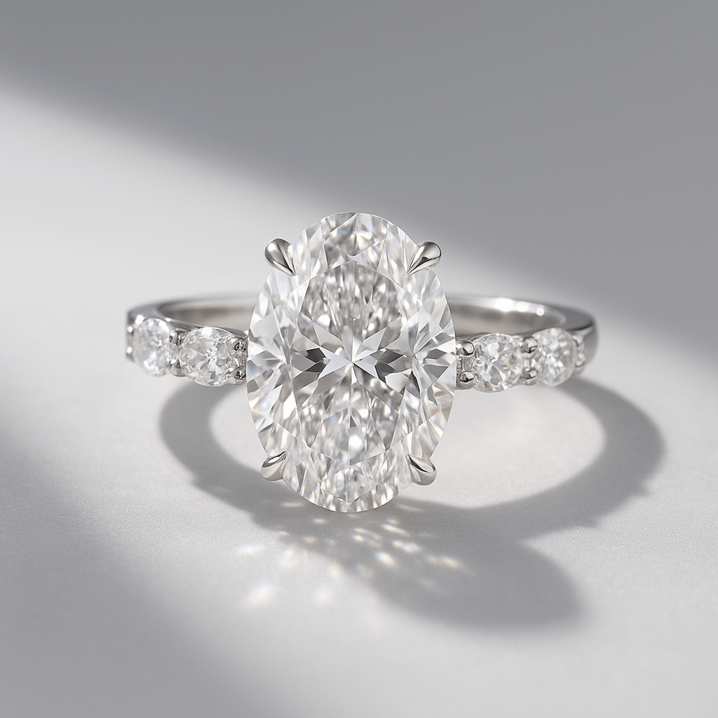 4 Carat Oval Cut Modern Deco Engagement Ring with Oval Cut Side Lab Grown Diamonds - Evara Jewelry LLC