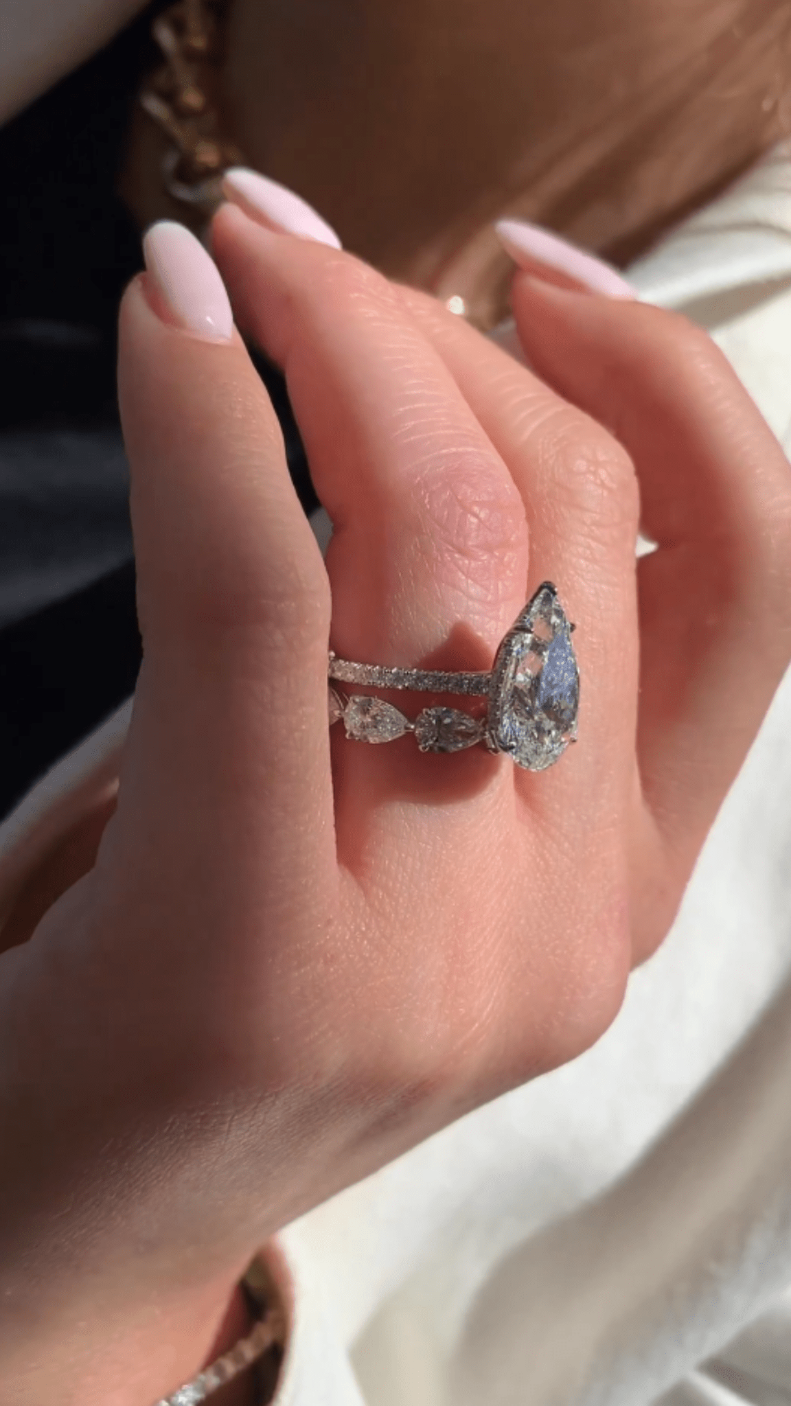 4 Carat Pear Cut Hidden Halo Engagement Ring with Pave Band - Evara Jewelry LLC