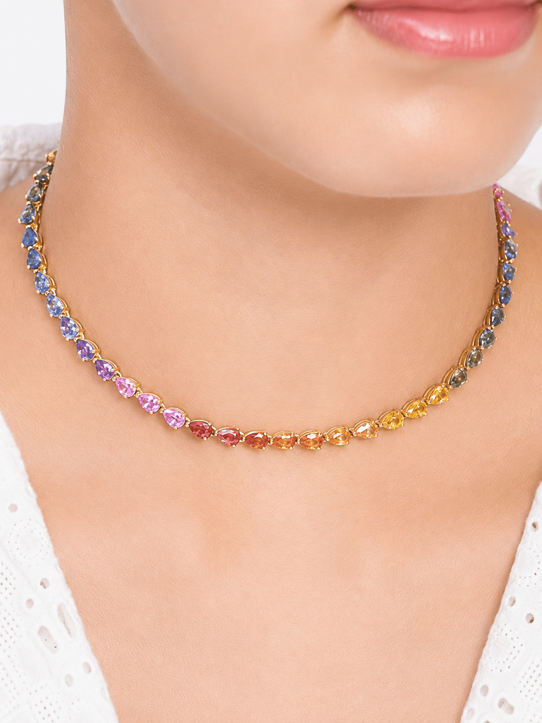 44 Carat Natural Pear-Cut Rainbow Sapphire Prong-Set Tennis Necklace - Evara Jewelry LLC