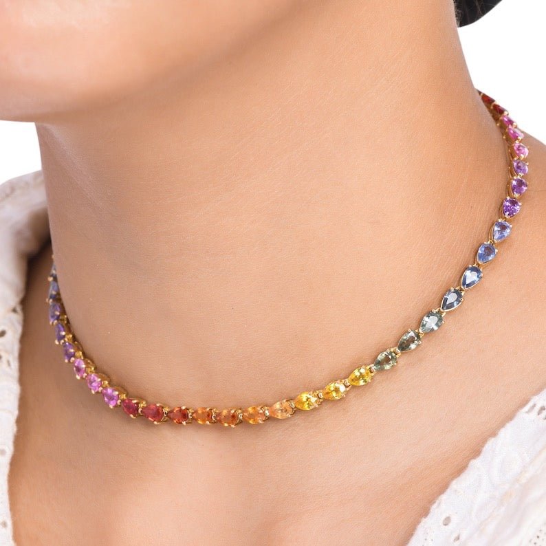 44 Carat Natural Pear-Cut Rainbow Sapphire Prong-Set Tennis Necklace - Evara Jewelry LLC