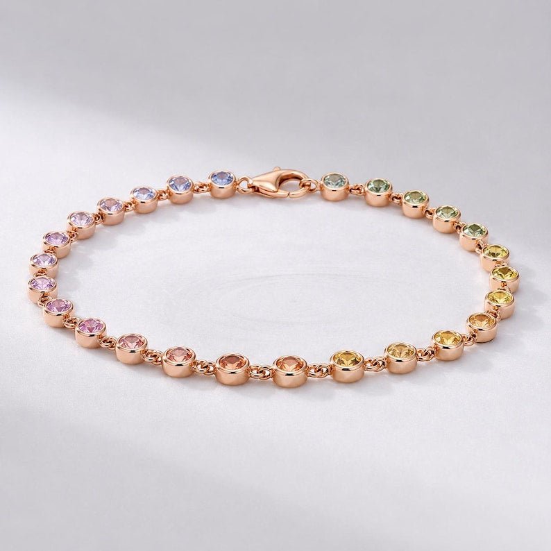 4.45 Carat Natural Rainbow Sapphire Bezel Bracelet: 14K Gold Tennis Bracelet - Evara Jewelry LLC
