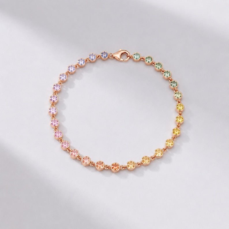4.45 Carat Natural Rainbow Sapphire Bezel Bracelet: 14K Gold Tennis Bracelet - Evara Jewelry LLC