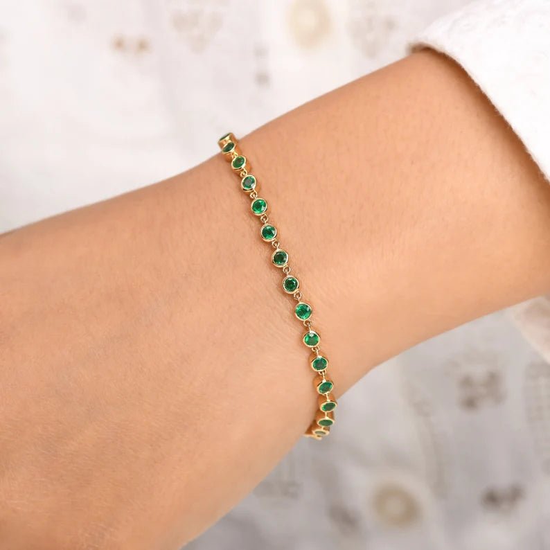 4.60 Carat Natural Emerald Bezel Bracelet: Round Tennis Bracelet in 14K Gold - Evara Jewelry LLC