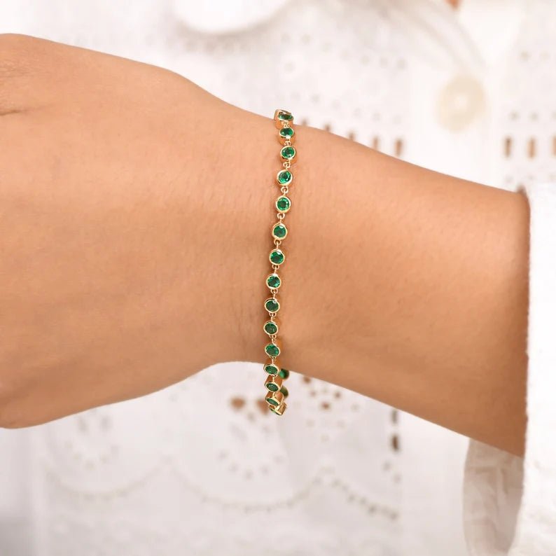 4.60 Carat Natural Emerald Bezel Bracelet: Round Tennis Bracelet in 14K Gold - Evara Jewelry LLC