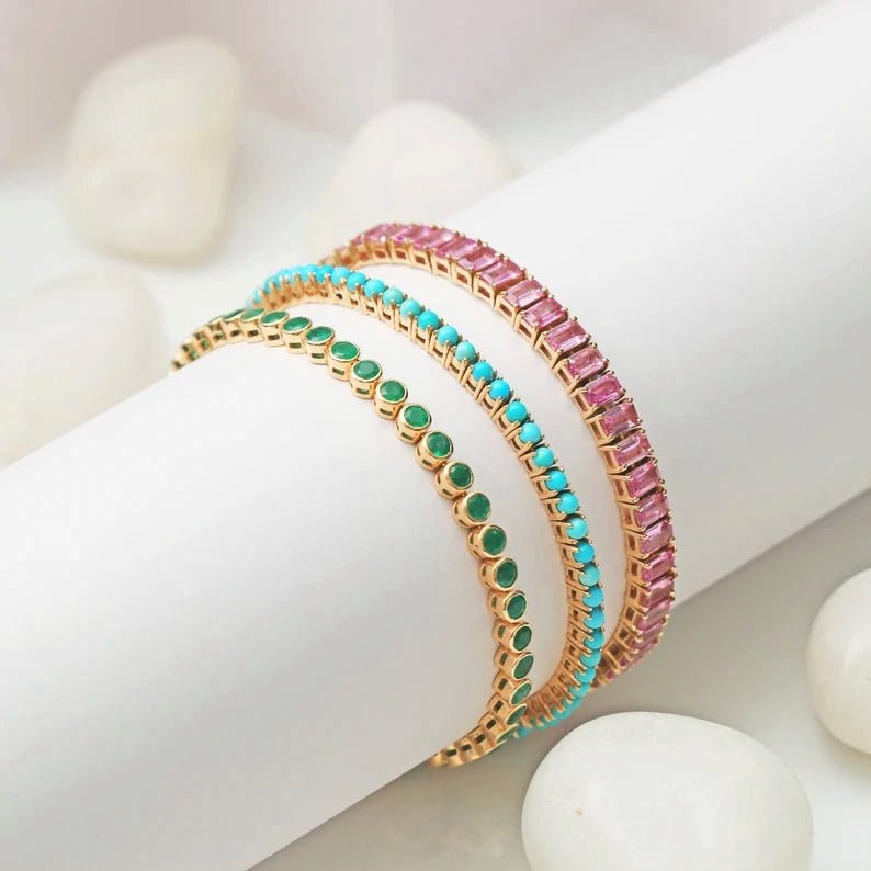 4.60 Carat Natural Emerald Bezel Bracelet: Round Tennis Bracelet in 14K Gold - Evara Jewelry LLC