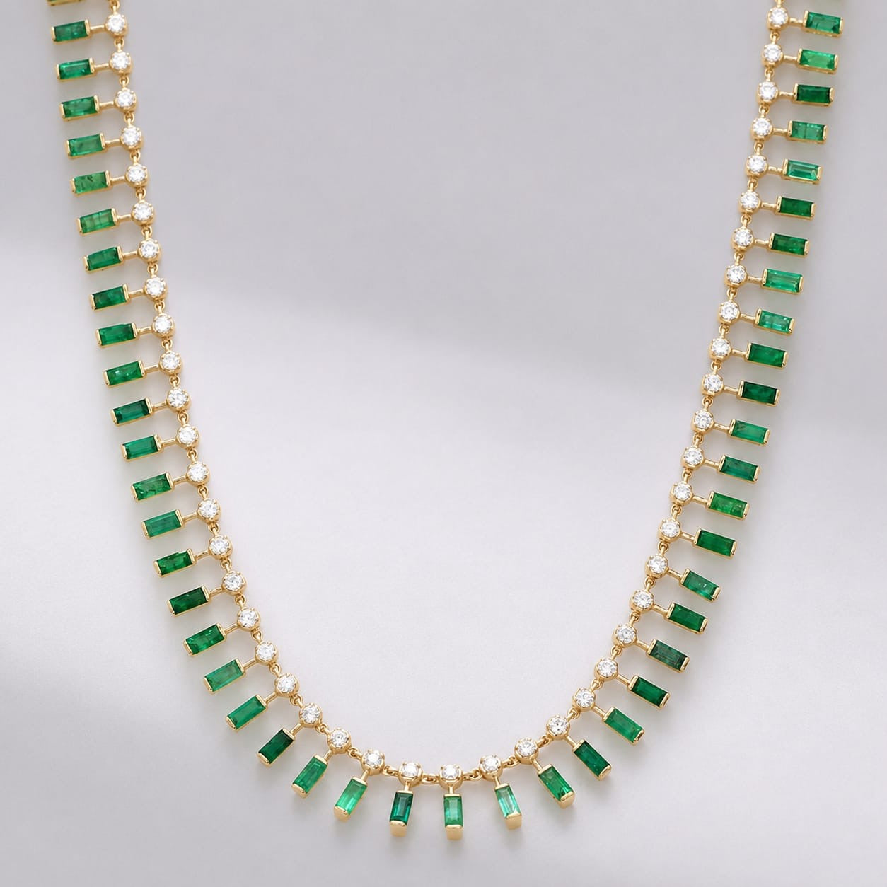 14K Gold Natural Emerald & Diamond Dot Dash Choker Necklace