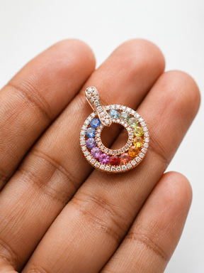 Natural Rainbow Sapphire and Lab-Grown Diamond Circle Pendant Necklace in 14K Gold