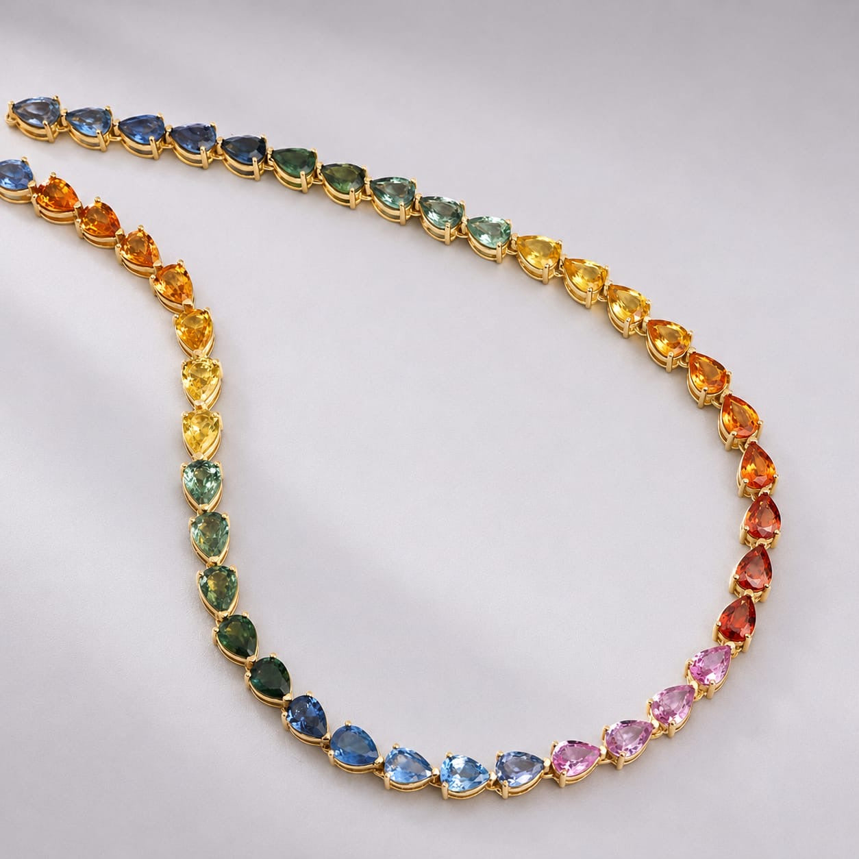 44 Carat Natural Pear-Cut Rainbow Sapphire Prong-Set Tennis Necklace