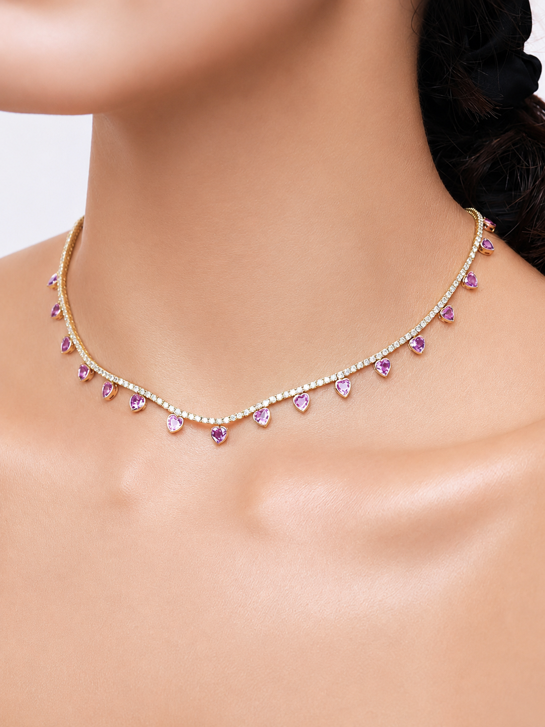 Natural Pink Sapphire Heart Charm and Lab-Grown Diamond Tennis Necklace in Rose Gold