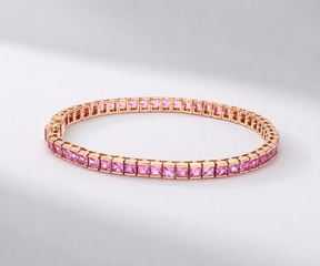 Natural Pink Sapphire Channel Set Half Bezel Bracelet: Princess cut Tennis Bracelet in 18K Gold