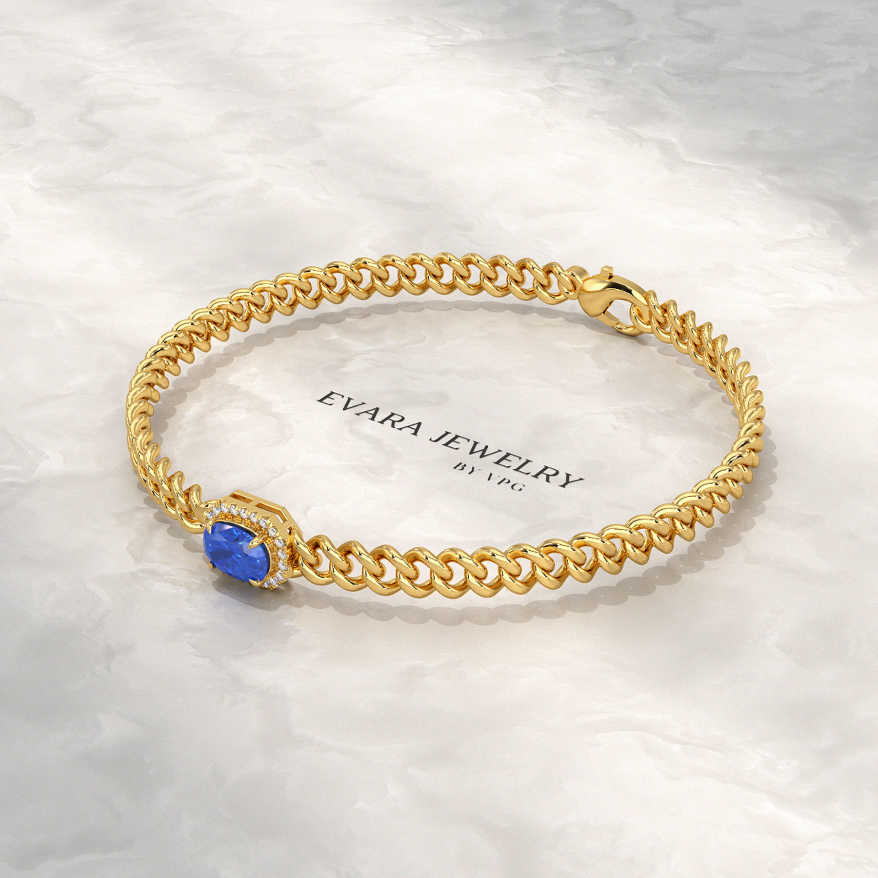 10K Solid Gold Cuban Chain Link Bracelet with Natural Blue Sapphire & Lab Grown Diamonds