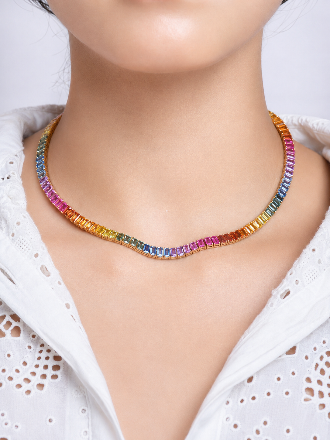32 Carat Natural Emerald-Cut Rainbow Sapphire Prong-Set Tennis Necklace