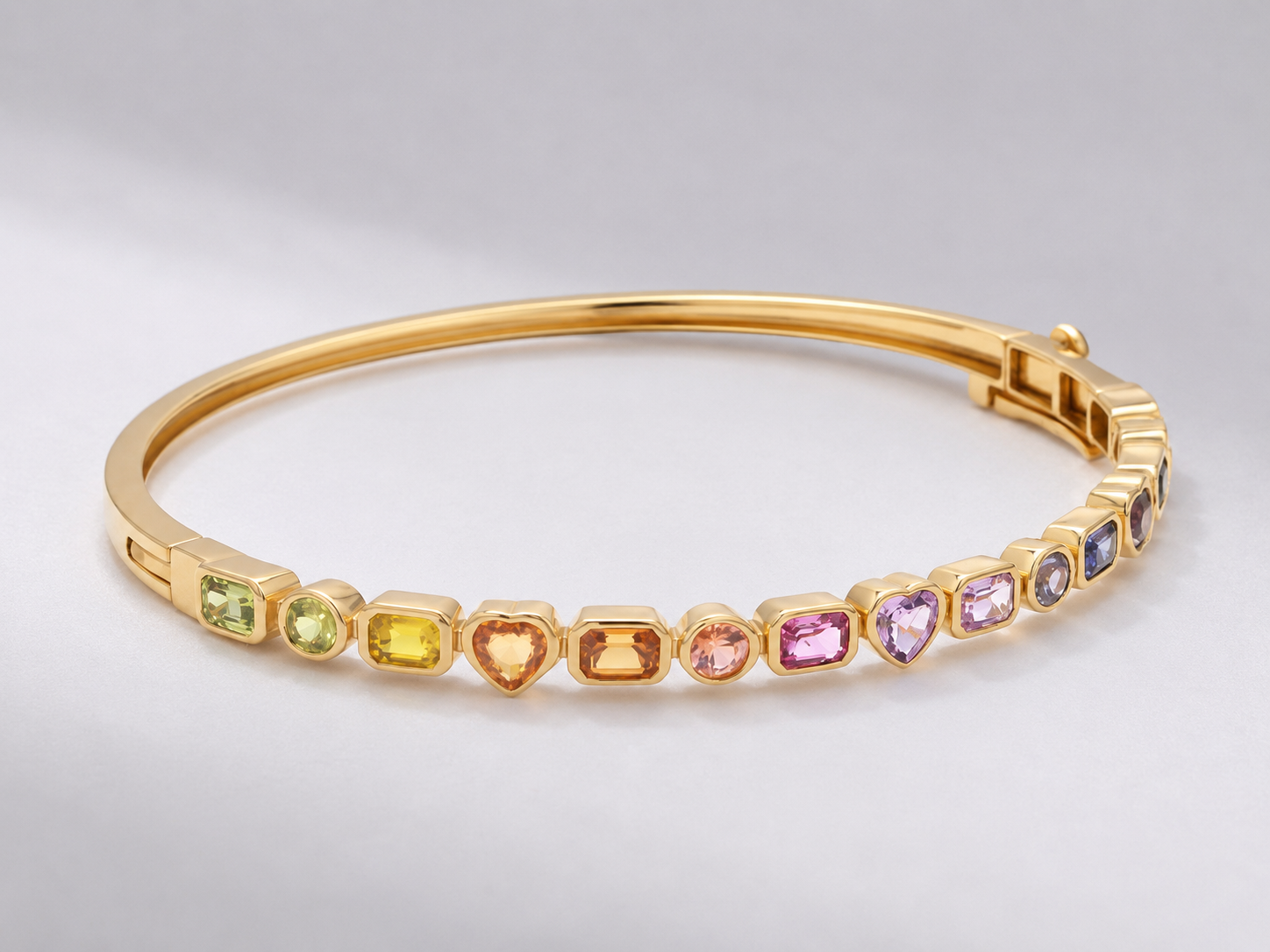 Natural Rainbow Sapphire Bezel Set Stacking Cuff Bracelet in 18K Yellow Gold