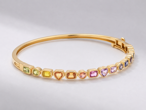 Natural Rainbow Sapphire Bezel Set Stacking Cuff Bracelet in 18K Yellow Gold