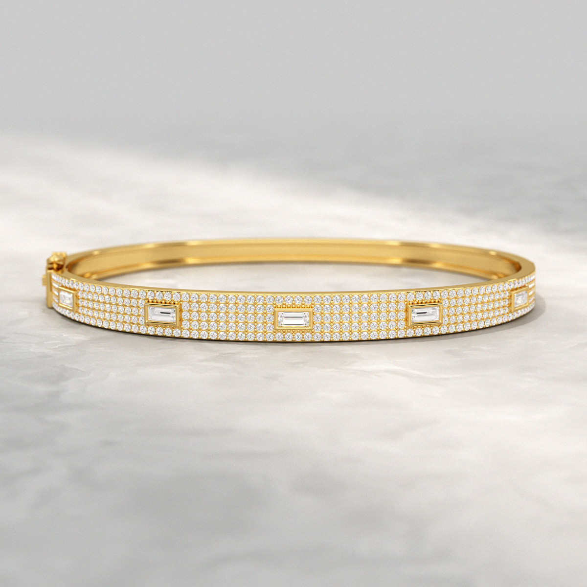 Diamond Round & Baguette Luxury Cuff Bracelet in Gold