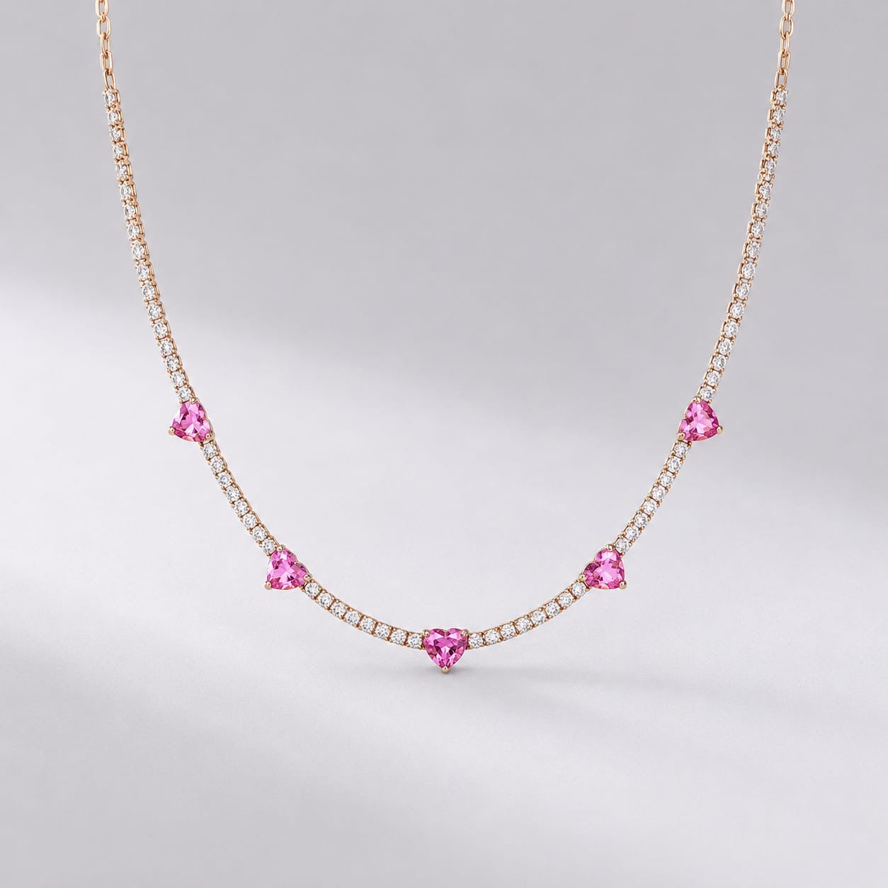 Natural Heart-Cut Pink Sapphire and Lab-Grown Diamond Tennis Necklace