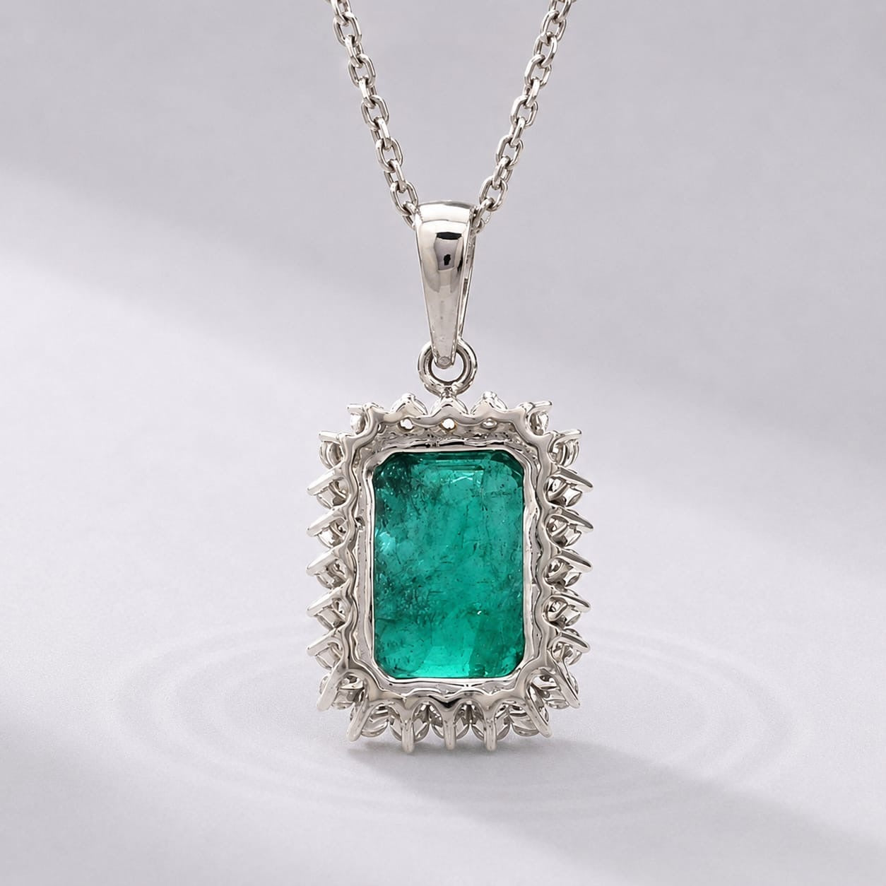 5 Carat Natural Emerald-Cut Emerald and Diamond Halo Pendant Necklace in 14K Gold