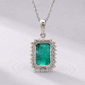 5 Carat Natural Emerald-Cut Emerald and Diamond Halo Pendant Necklace in 14K Gold