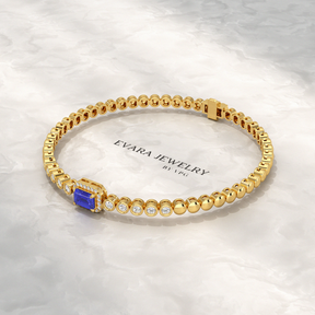 Diamond Tennis Bracelet with Emerald Cut Tanzanite in 14K Solid Gold