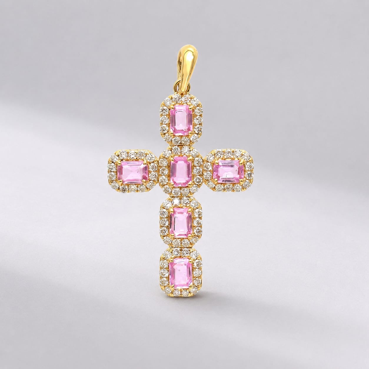 Natural Emerald-Cut Pink Sapphire and Diamond Halo Cross Pendant in 14K Gold