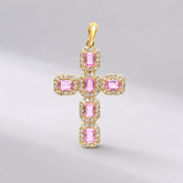 Natural Emerald-Cut Pink Sapphire and Diamond Halo Cross Pendant in 14K Gold