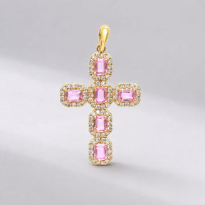 Natural Emerald-Cut Pink Sapphire and Diamond Halo Cross Pendant in 14K Gold